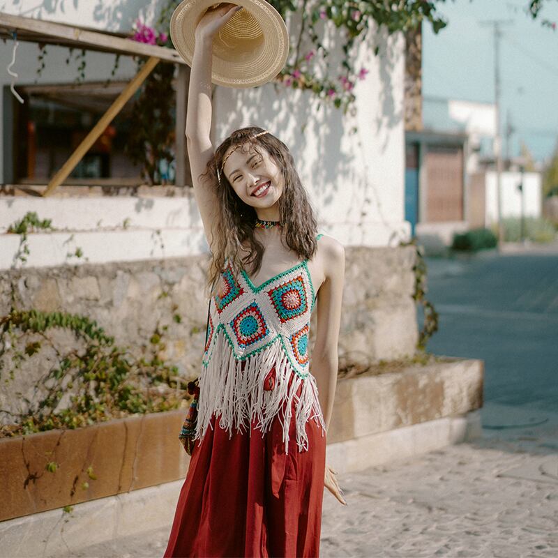 エスニックスタイルボヘミアンニットカラーショートサマー 夏物 ドリームホーストラベル婦人服70388617237