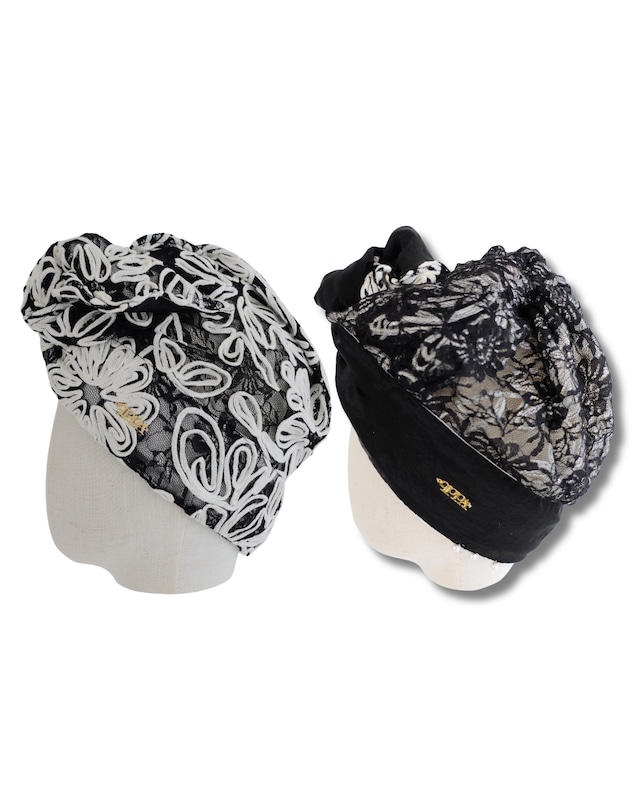 HAIR WRAP｜Monochrome Flower Lace Reversible