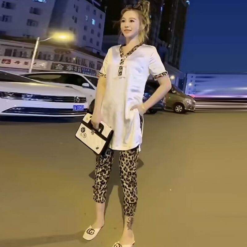 スリムサマートップス Tシャツ レオパードプリント柄クロップドパンツ 大きめサイズ 夏物 ミックスインファッション39205471981