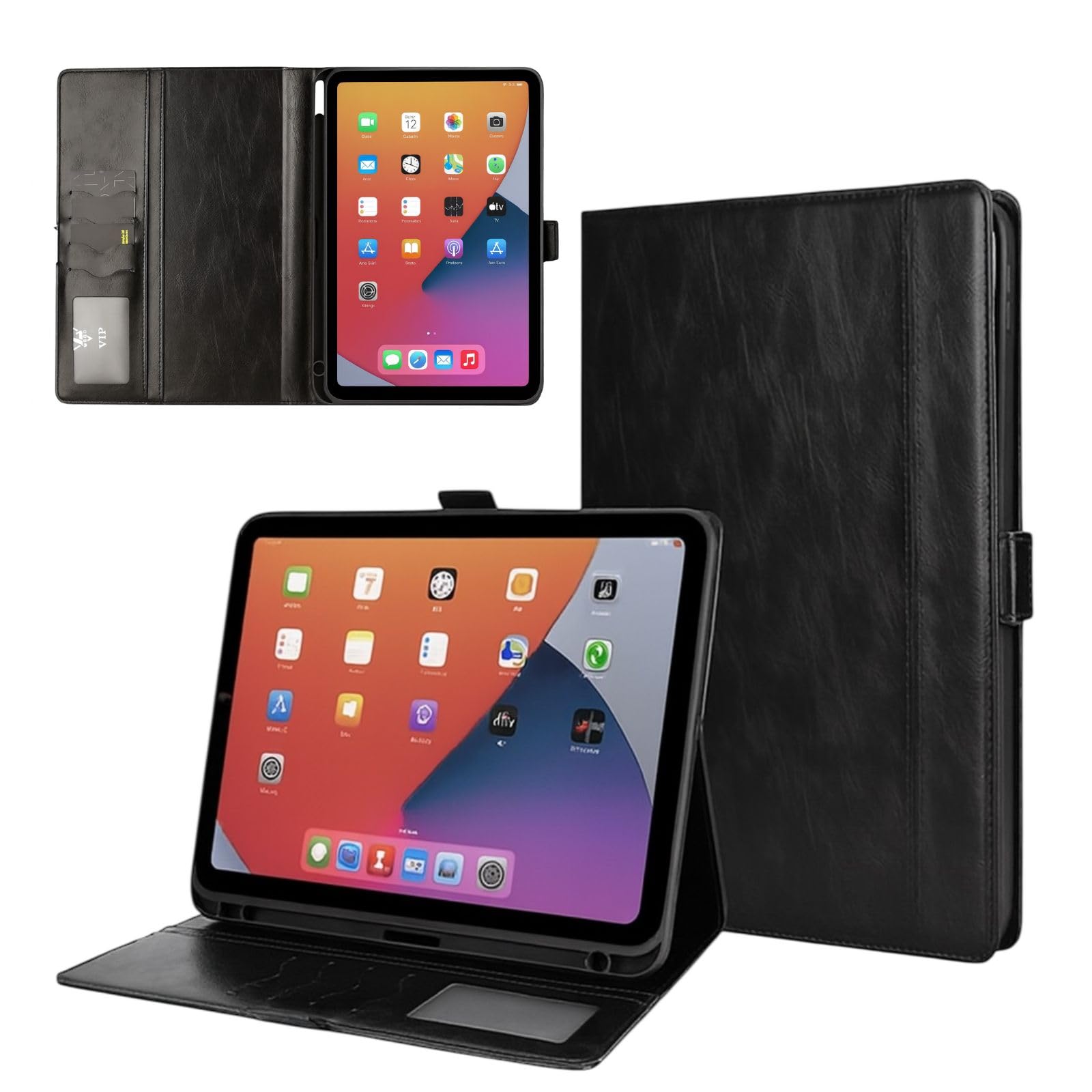 KIVON 手帳型iPadケース PUレザー スタンド機能 ペン収納 カードポケット付き 【iPad第10世代(10.9)/ネイビー】