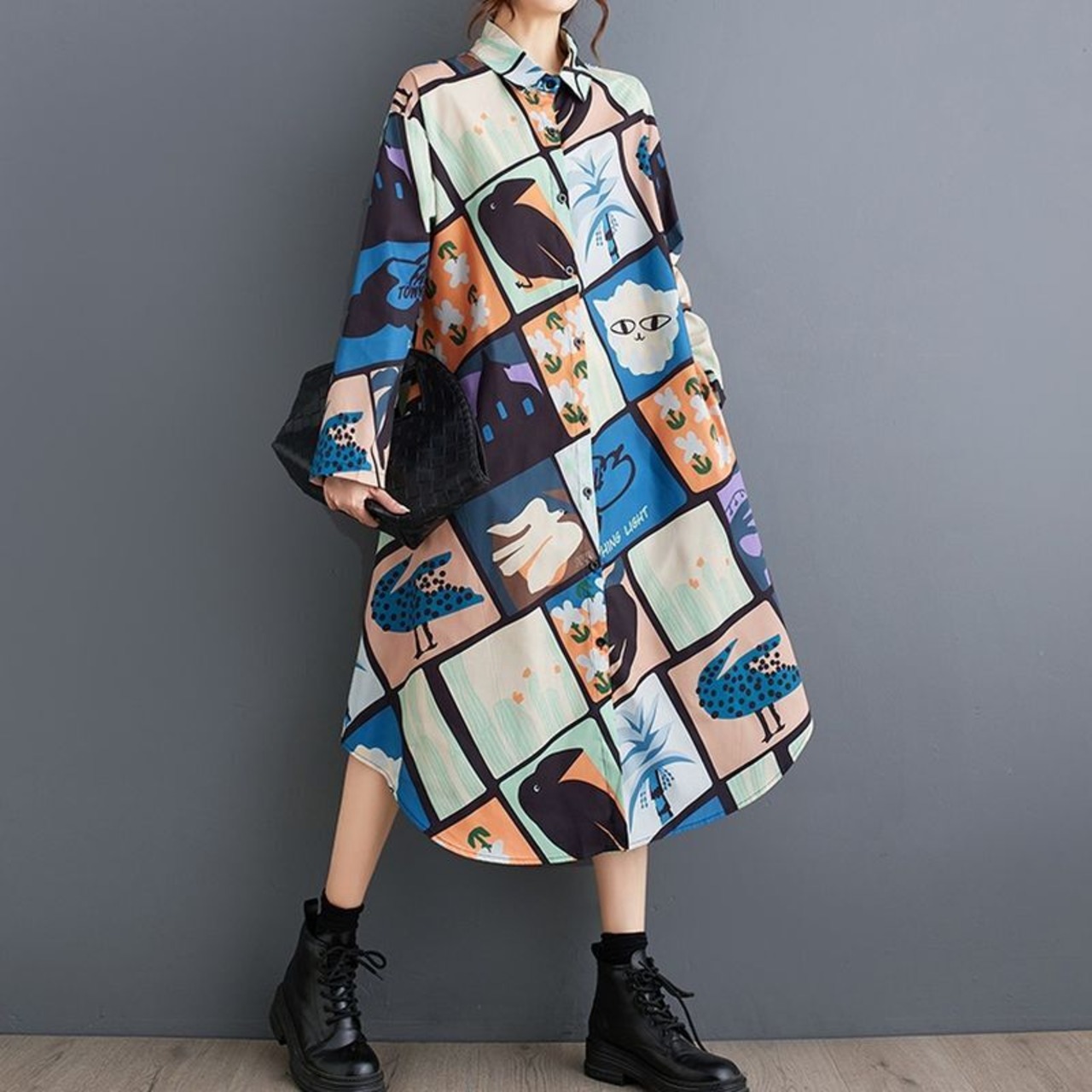 アートプリント シャツワンピース 00184