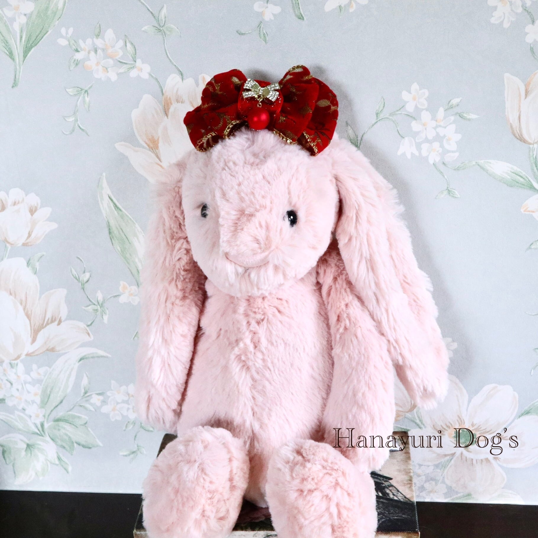 ベルベットオーガンジー リボンにレッドパール 犬リボン キッズ・子供