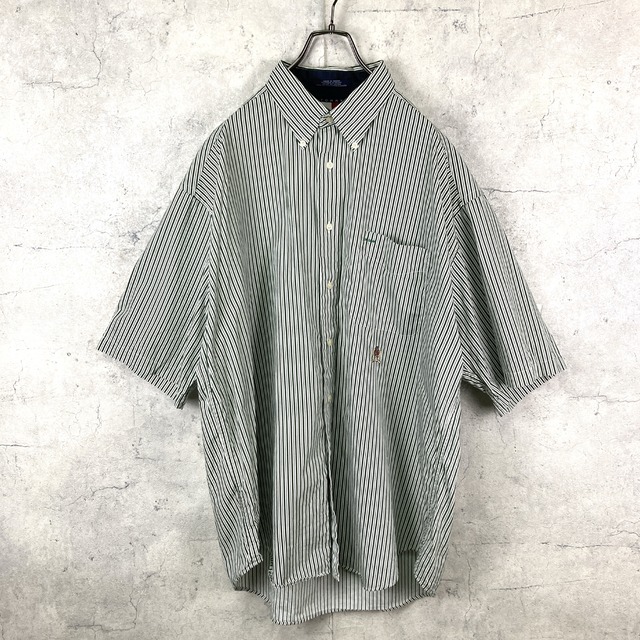 90's トミーヒルフィガー 半袖ストライプシャツ 刺繍ロゴ