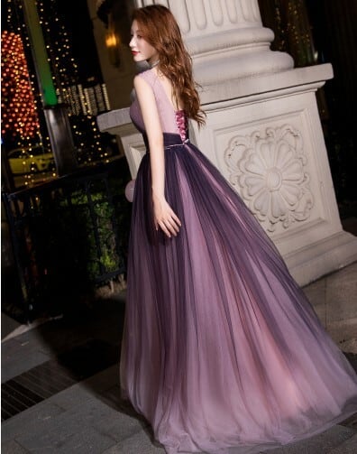 美品！ イブニングドレス パープル/紫 ロング ノースリーブ 人気上昇 