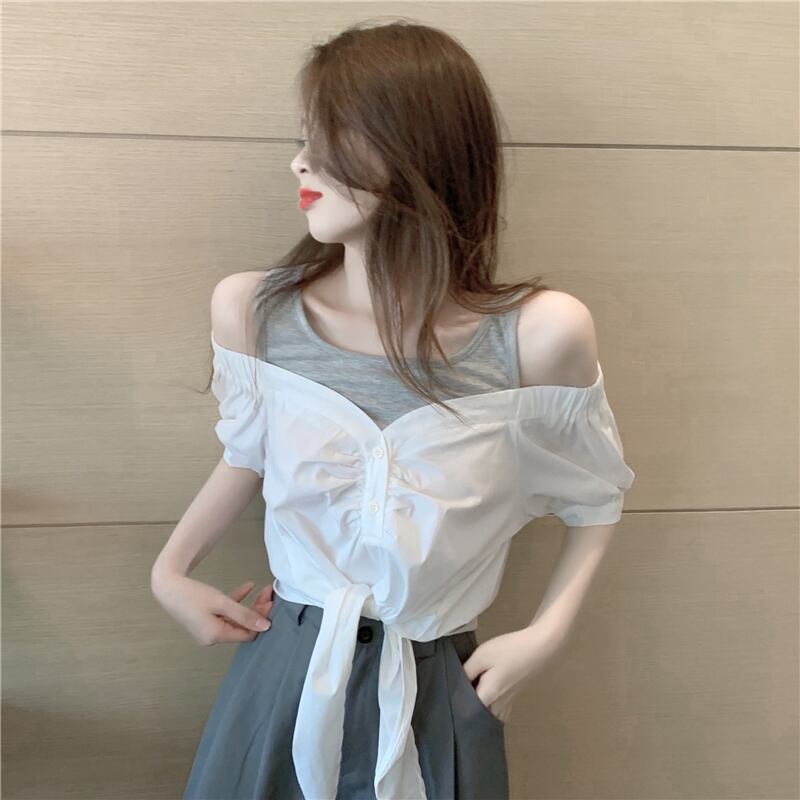 シャツ ホワイトサマー薄手トップス 夏物 ブラックストロベリース92903835365