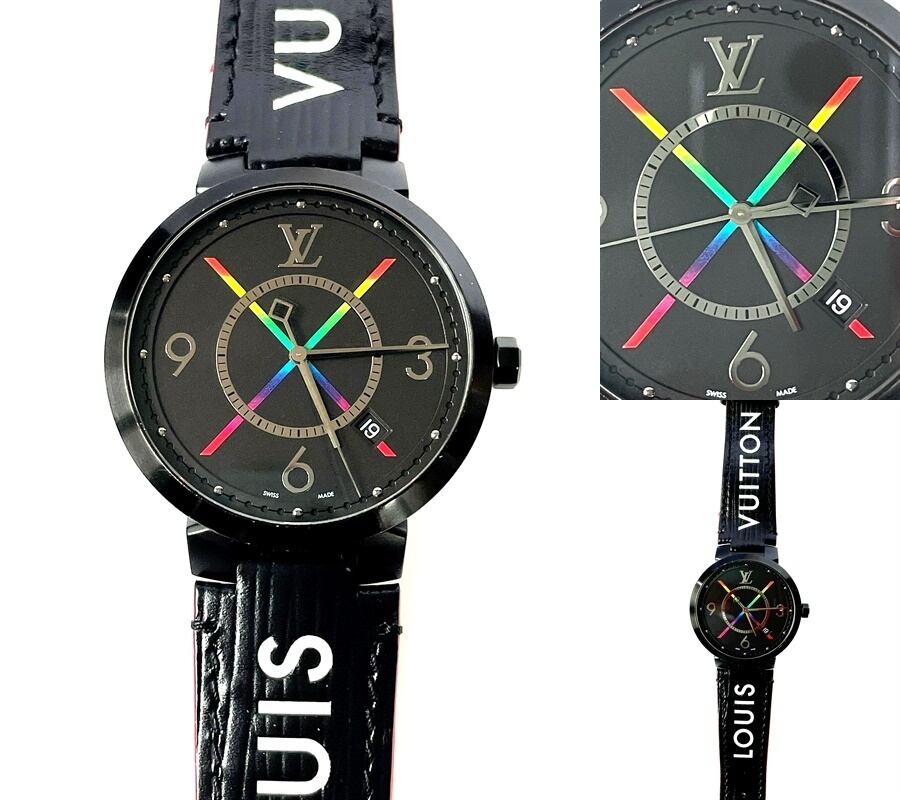 LOUIS VUITTON ルイヴィトン タンブール スリム レインボー ブラック 39 デイト クオーツ QA113 メンズ ブラックPVDコーティング