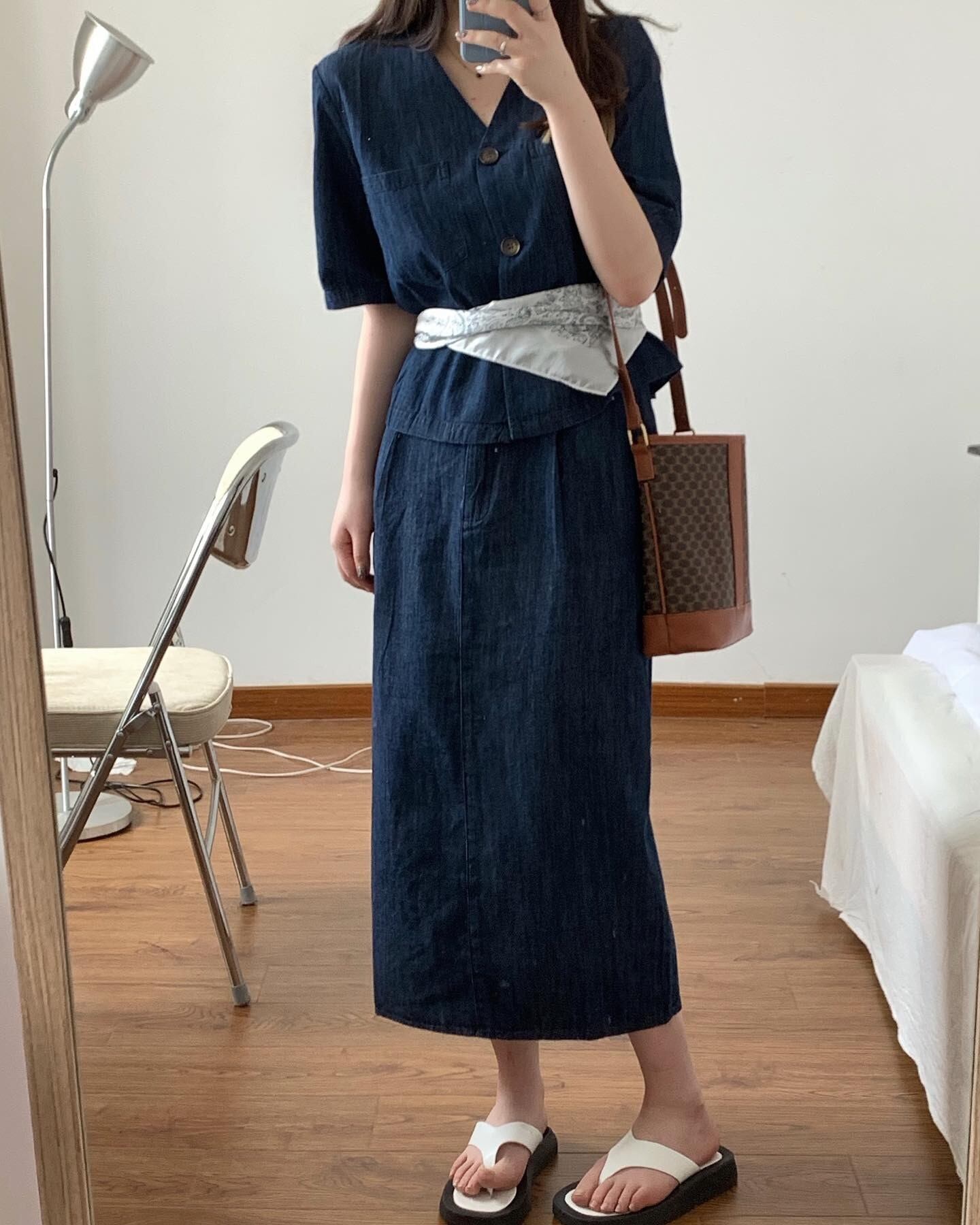 サマー薄手シャツ ハイウェストウェストAラインスカート 夏物 クレセントシティ29814709976