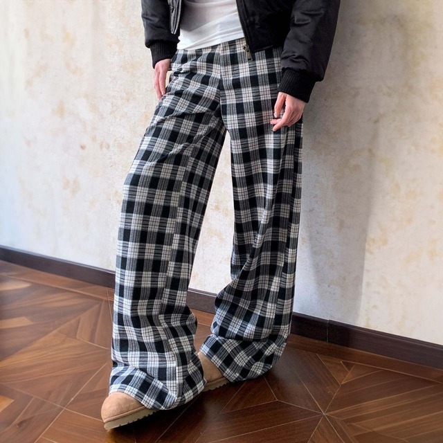 チェックパターンタックストレートパンツ 1col   R01655