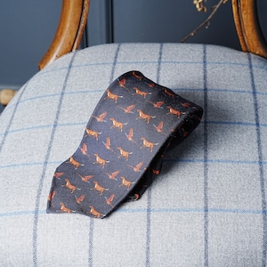 Wool Printed Tie, Unlined, 5-Fold Navy Pheasant & Dog Pattern 1020-19