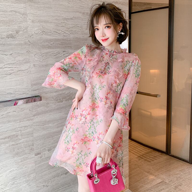 プリントレーススリーブドレス スプリング レッド 春物 シルク MIUCO6980178271