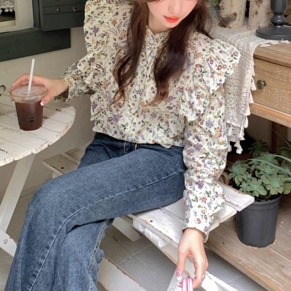 レディース ノーカラーフリル花柄シャツ トップス シャツ 小花柄シャツ 