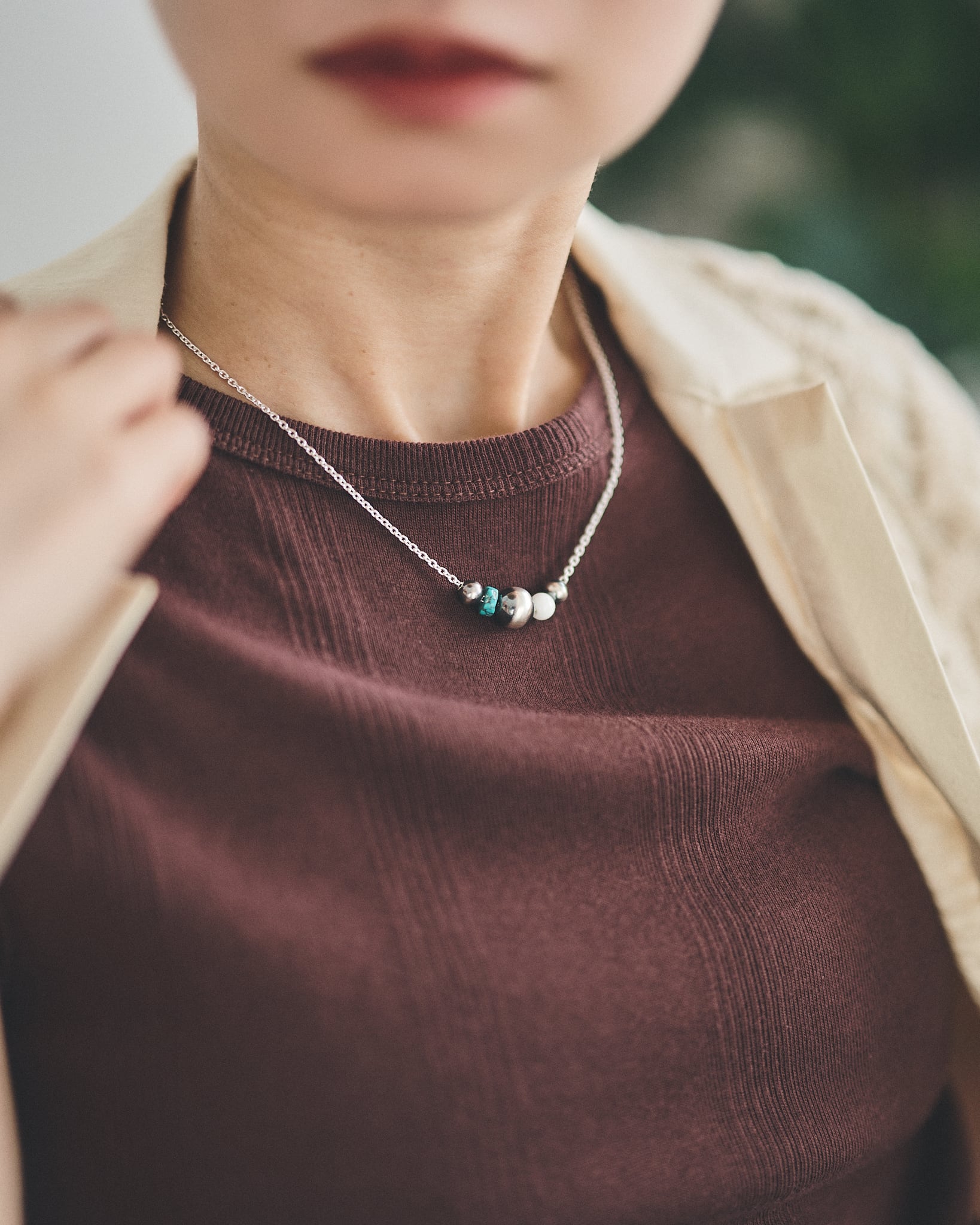 C-047 Navajo Pearl Necklac(White onyx,turquoise) (45cm) | WAKAN