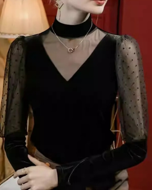 スタンドカラー パフスリーブ シースルーカット ダンストップス  ds1448