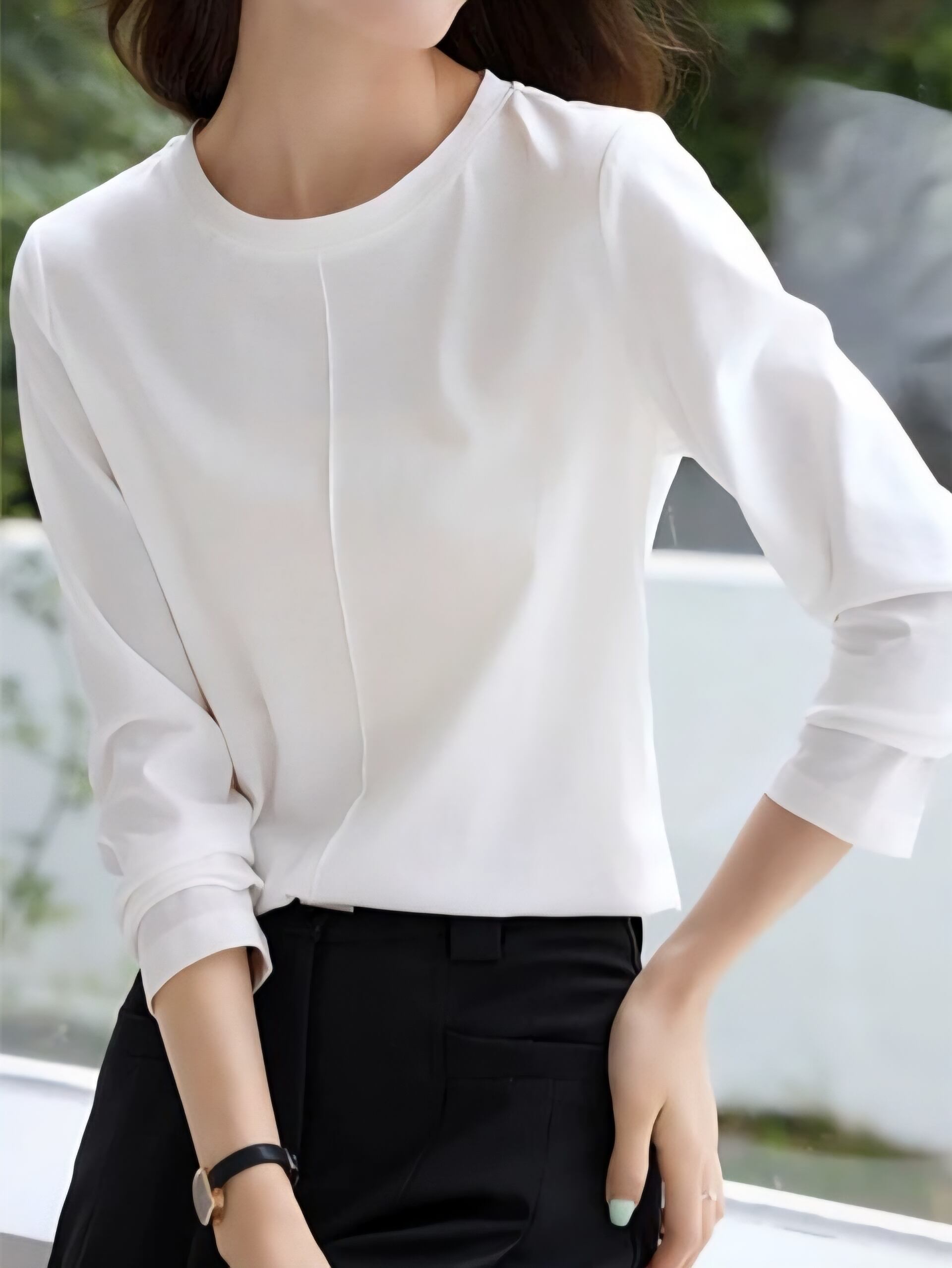 Simple round long sleeve tops L0578