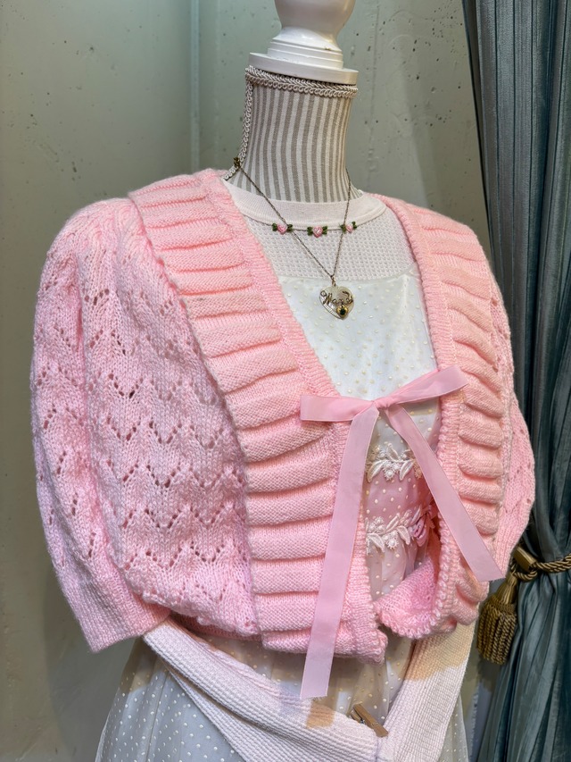 vintage pink knit ribbon cardigan