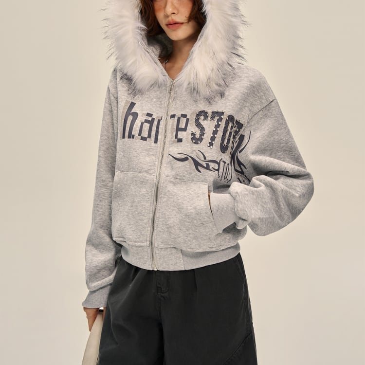 ファー付き ジップアップ ヒップ丈 スウェットパーカー ◆2col L00194