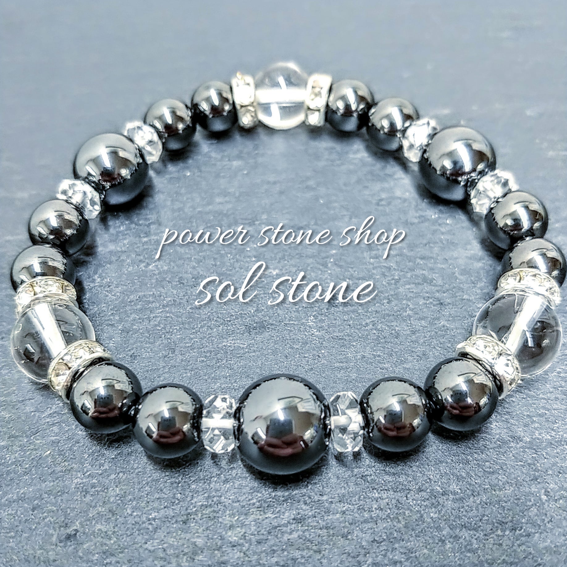 【16cm】ヘマタイトと水晶のブレスレット 48da7349363618b4d59cc333737281