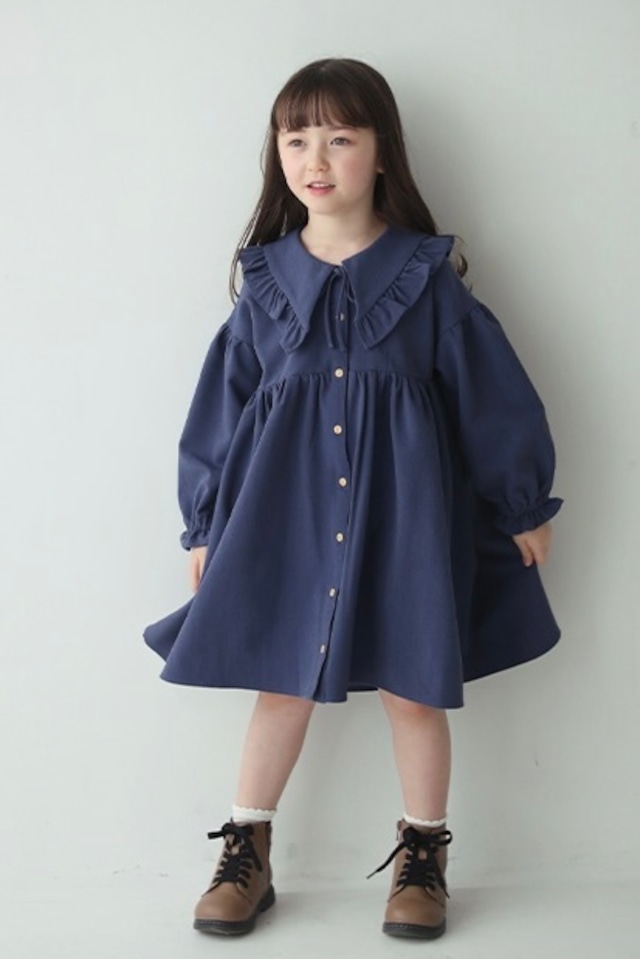 リボン付ピューリタンカラーワンピース<Blue>