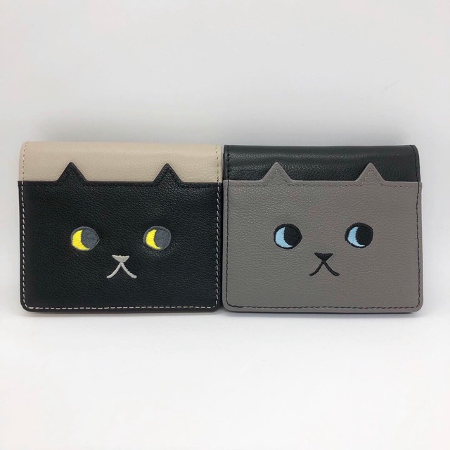 本革お財布　2つ折りWalking Cat Wallet （箱付き） 黒猫 / ロシアンブルー