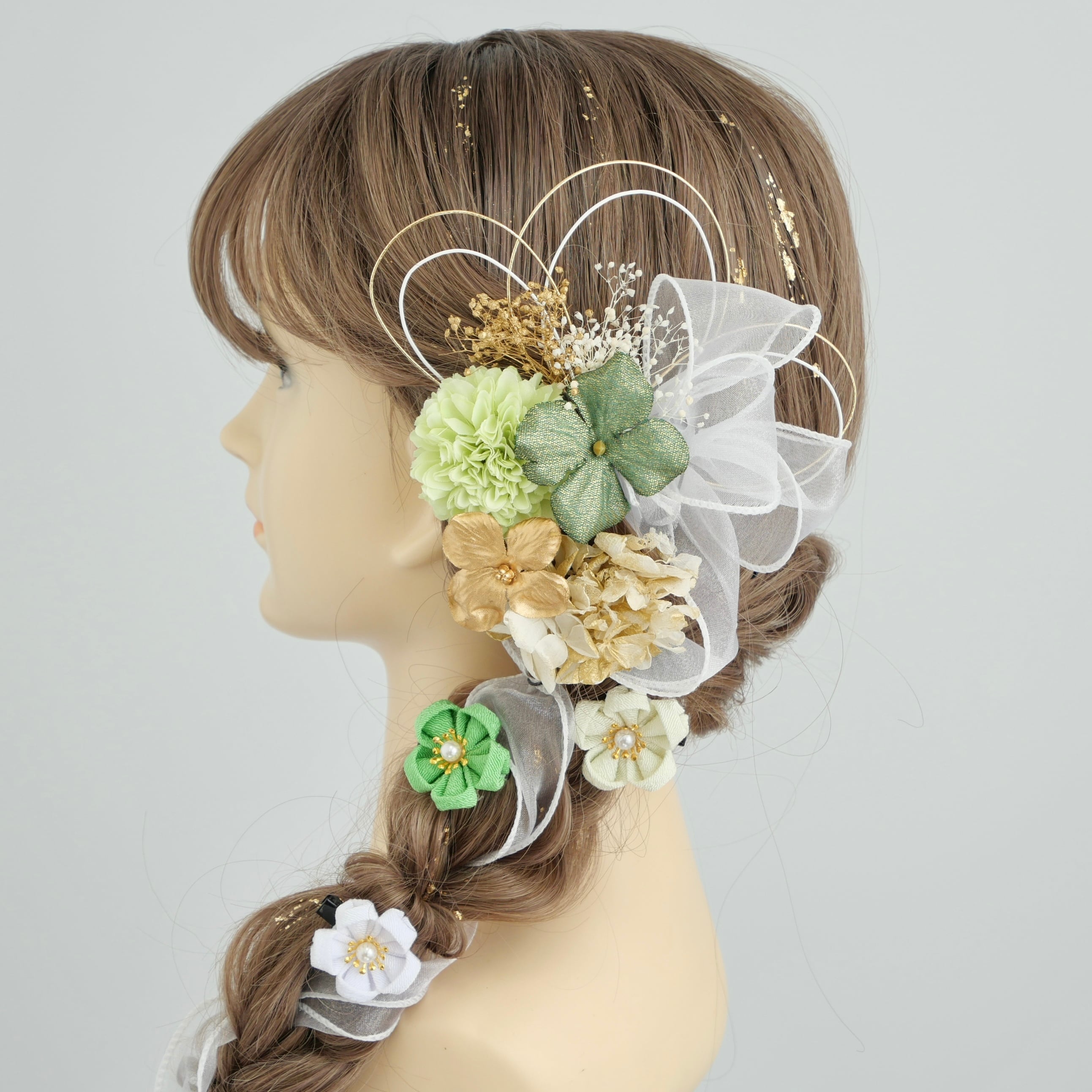 A428 つまみ細工 髪飾り 緑 卒業式 袴 結婚式 ドライフラワー 成人式
