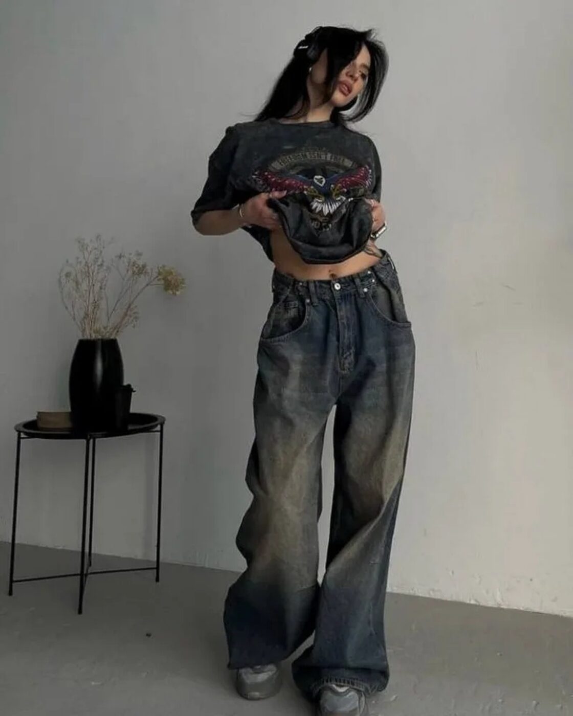 女性の色あせた折りたたみ式バギージーンズ,y2kストリートウェア 
