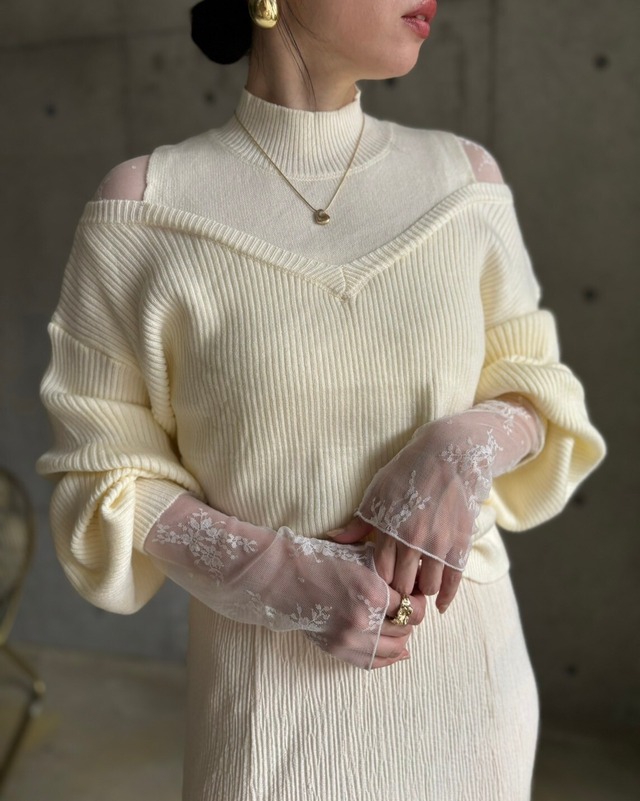 【即納】肩あきレイヤード風ニット【アイボリー】