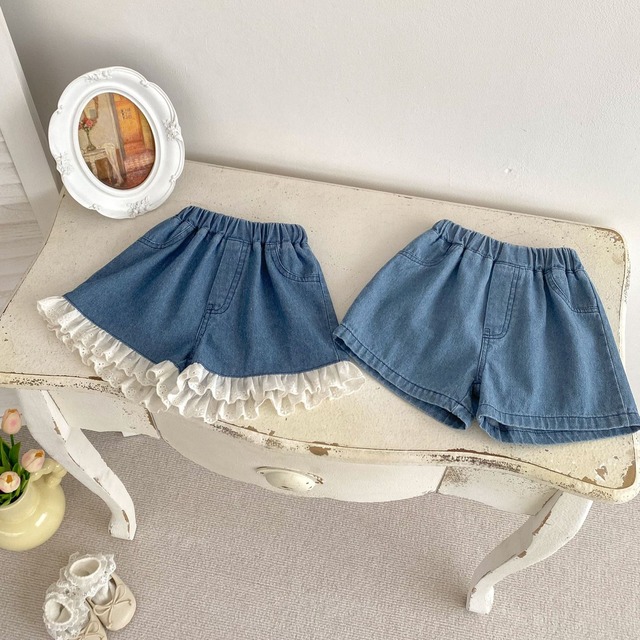 【BABY】裾フリルレースデザインデニムハーフパンツ - 3
