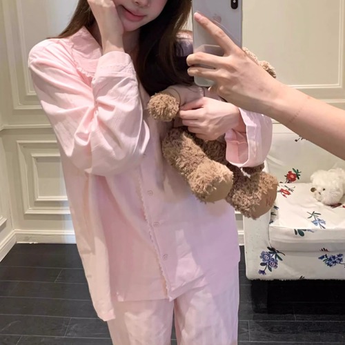 3色／レーストリムオープンカラールームウェア ・73594