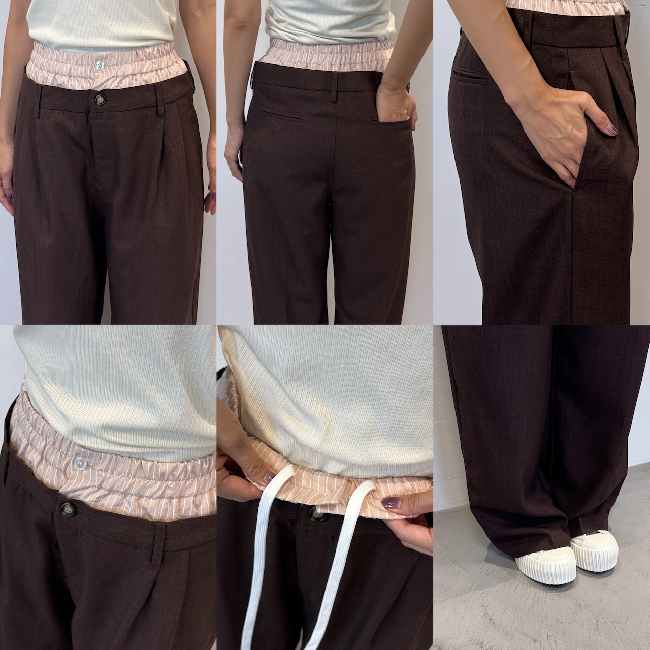 ダブルウエストスラックスPT/ダークブラウン