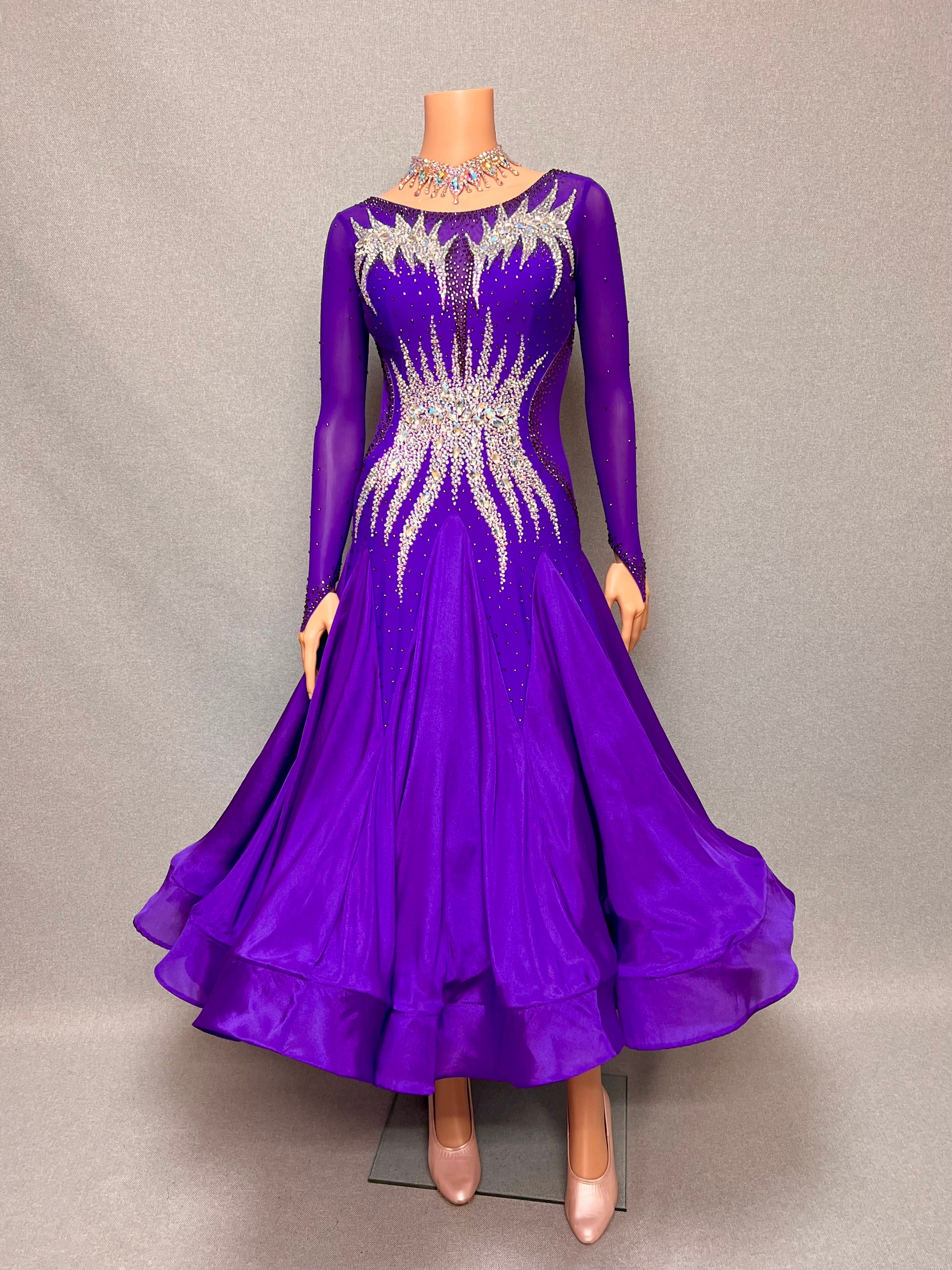 【新着】社交ダンス ドレス　モダン　スタンダード ドレス　ST-26-8　　パープル（袖ファー）　M　デモ・競技用ドレス　発表会　衣装　パーティドレス　ワンピース　舞台衣装