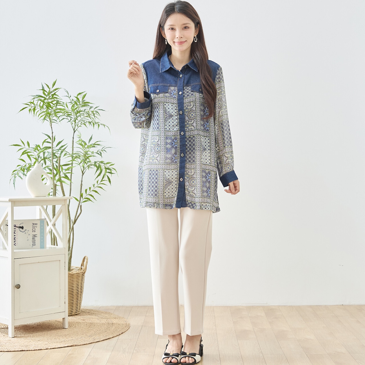 TRUBE エスニックパッチワーク総柄デニム襟ヨーク切替ロングシャツ【M~L】グリーン