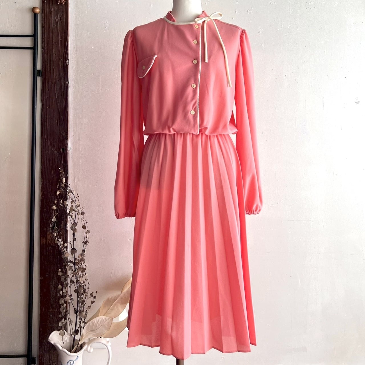 USA salmon pink dress/USA製サーモンピンクのリボンワンピース