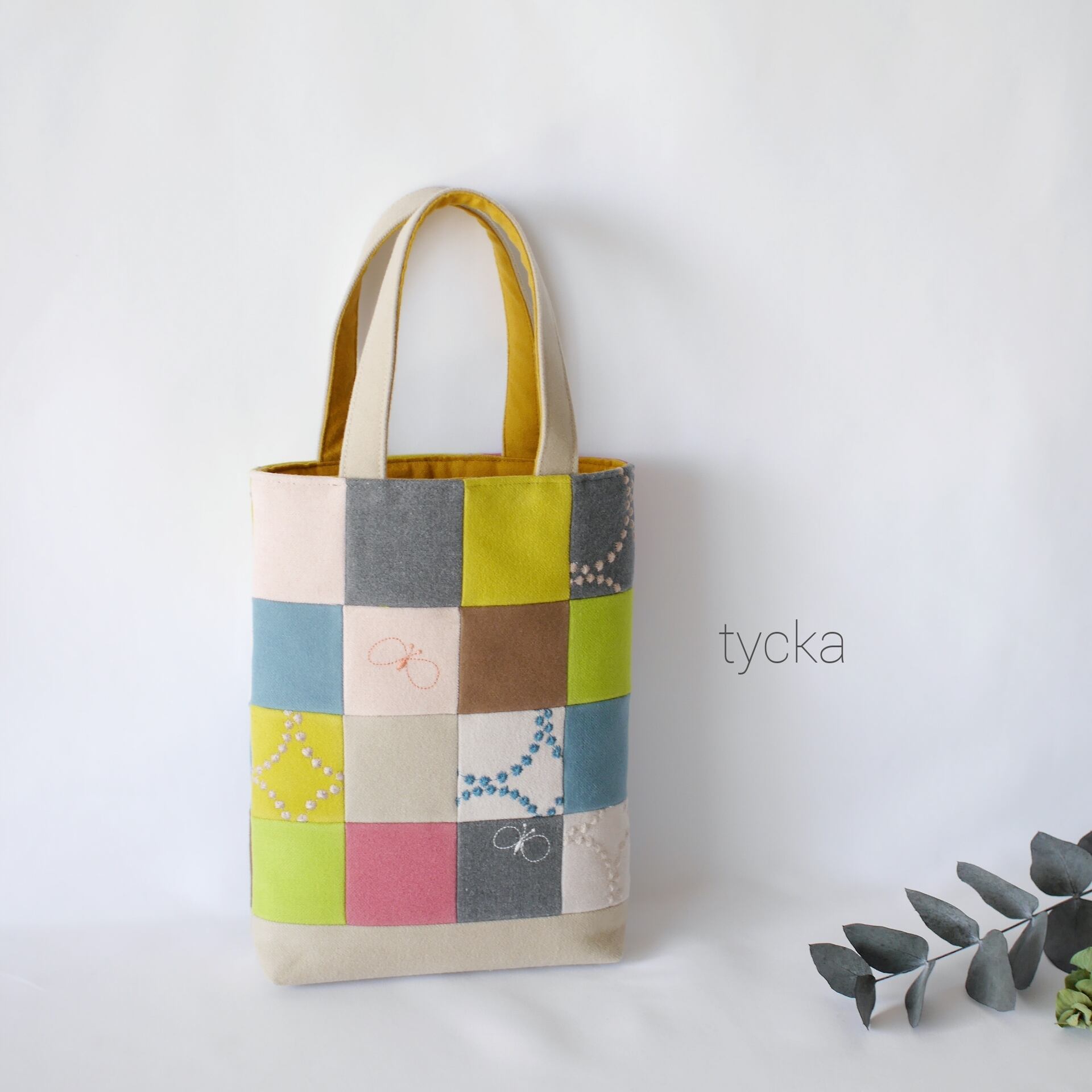 ハンドメイド パッチワーク ミニバッグ bag ミナペルホネン 生地 グリーン