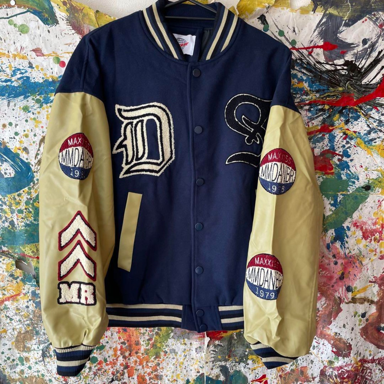 bee 蜂 スタジャン レトロ ネイビー新品 ジャケット お洒落 秋 冬 合皮 