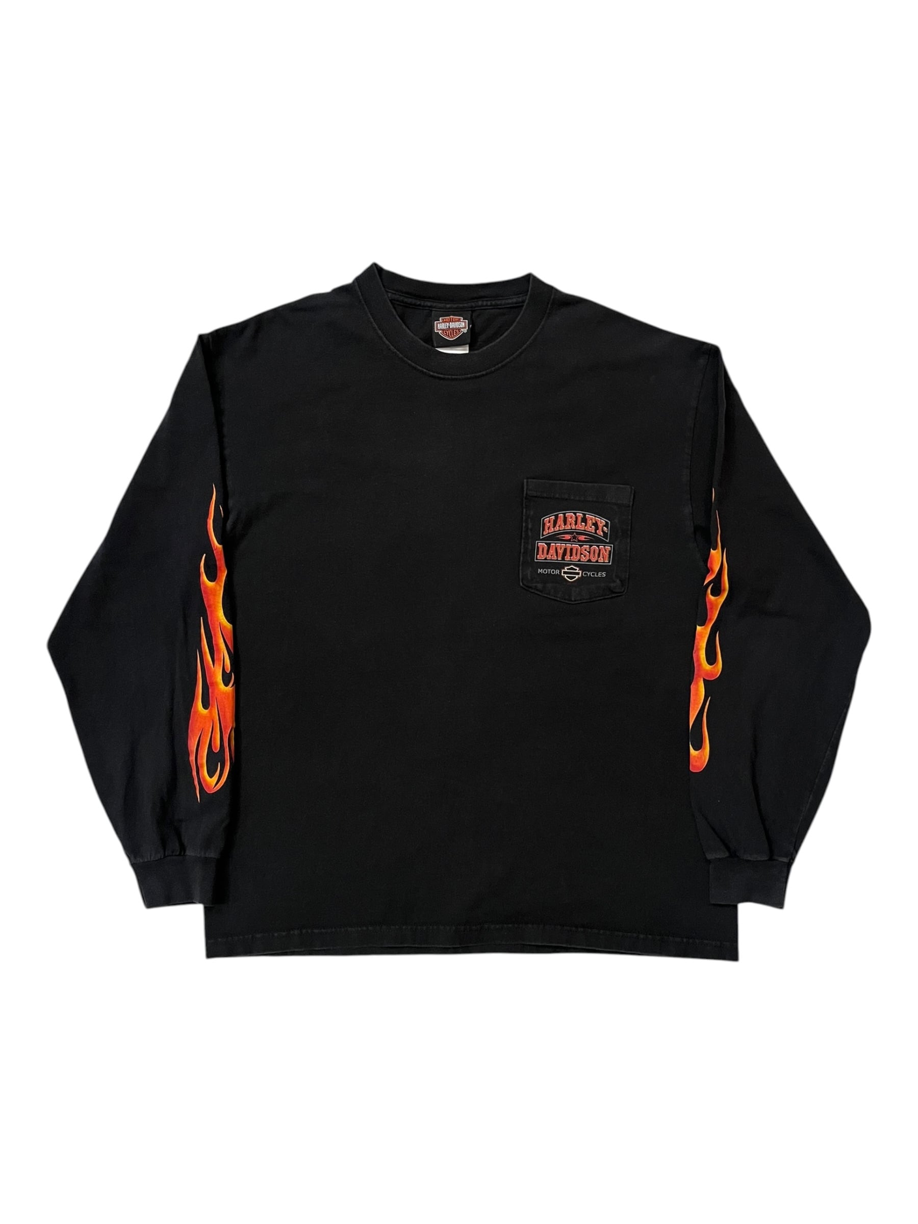 ハーレーダビッドソン ロンT スリーブロゴ ファイヤーパターン Harley Davidson L/S Tshirt Flames Sleeves Crocodile Made in U.S.A.