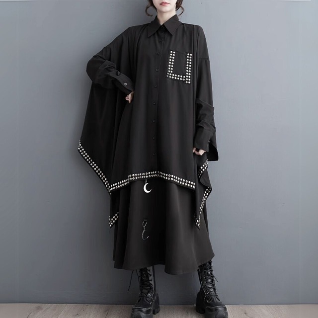 Studs decorated drop shoulder shirt dress C0921