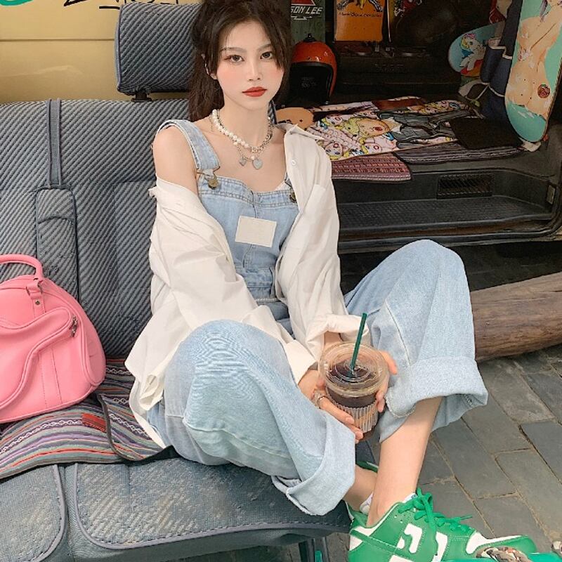 薄手ハイウェストウェストワイドレッグオーバーオール サマースタイルカラールーズジーンズ レディース 夏物 ワイドパンツ スーパーモール63766057046