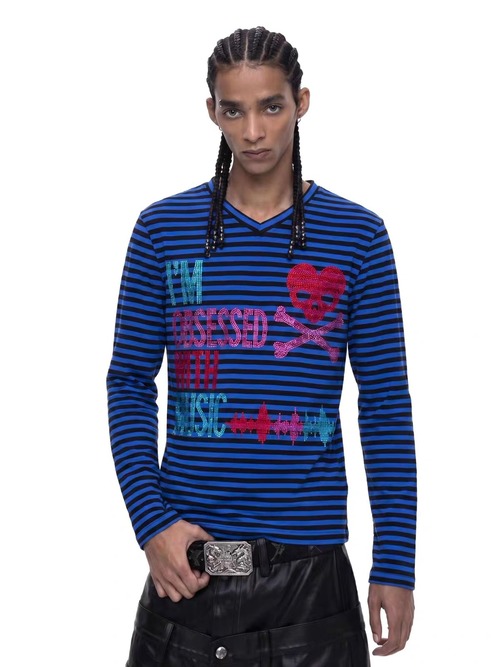 【Fourth3ex】Rhinestone Skull Stripe V-Neck L/S Tee