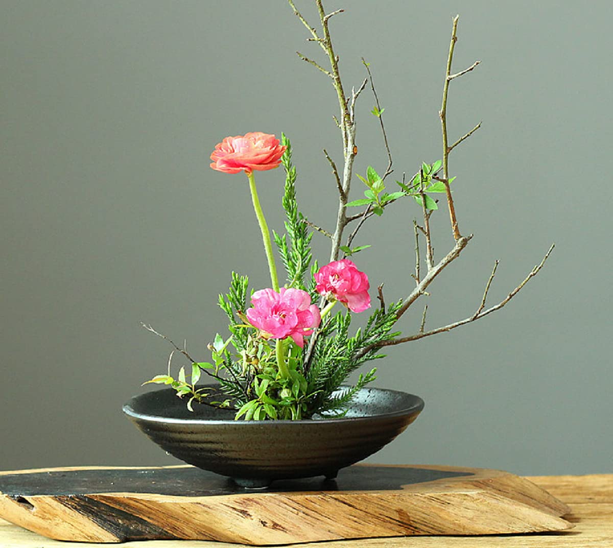 【数量限り】水盤 生花用の花器 陶器 セラミックス ブラック 花瓶 花器 フラワーベース 日本 黒丸水盤 楕円型 中 華道用花器