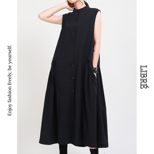 stand collar sleeveless a-line shirt dress　L0260