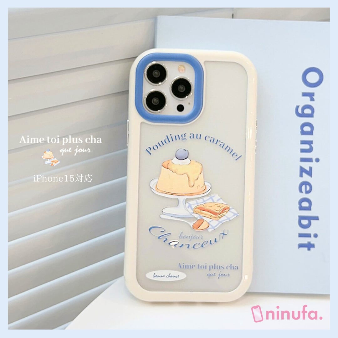 【iPhone15対応】おしゃれカフェ◎可愛い ブルーフレーム クリアケース デザート 手描き 韓国っぽ スマホケース ND-15027【再販】
