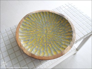 モンキーポッド総無垢材 デコレーショントレイY 小物入れ 飾り皿 木製 手作り エスニック ハンドメイド 総無垢 一点物 直径30cm