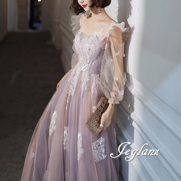 イブニングドレス フリル ラウンドネック バックシャン 背中見せ ♪(M9226)ζ