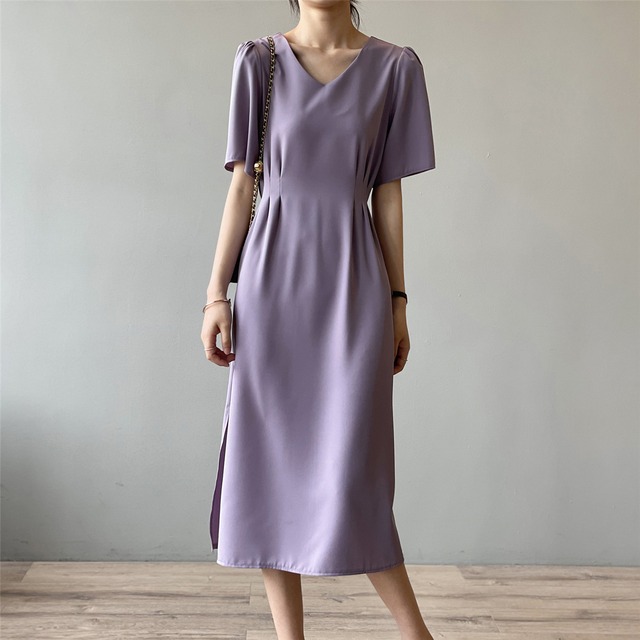 ワンピース 半袖 Vネック ゆったり ウエストマーク 夏 サマーワンピース 無地 マキシ丈 ロング丈 ギャザー バックリボン ゆる袖 薄手 紫 黄 黒 青 上品 大人 お呼ばれ デイリー Rx1228 Raxia ラクシア