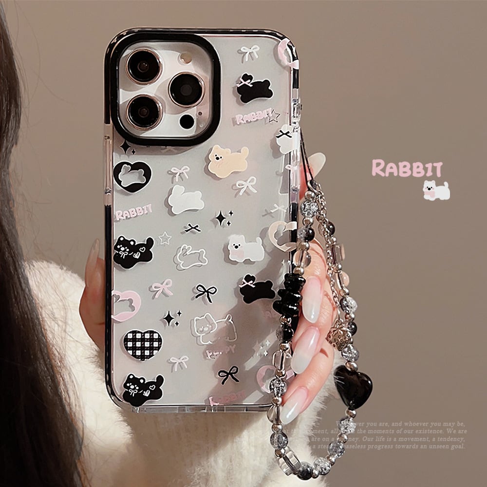 【iPhone全機種対応】ラヴィット&パピー◎韓国ケース うさぎ&犬 リボン ブラックフレーム ストラップ 蝶々結び 韓国っぽ かわいい スマホケース ND-15401