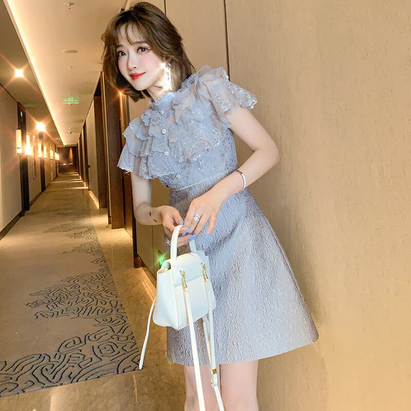 カラーメッシュウェスト薄手Aラインプリーツジャカードドレス MIUCO99841716567