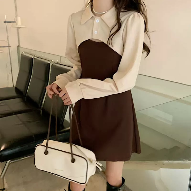 トレンド 感満載 クロップドシャツ キャミワンピ 2点セット セットアップ クロップド丈 レイヤード ショート丈 K Pop ワンピース デート Lamitte Deco トレンド 韓国ファッション ショップ Base店