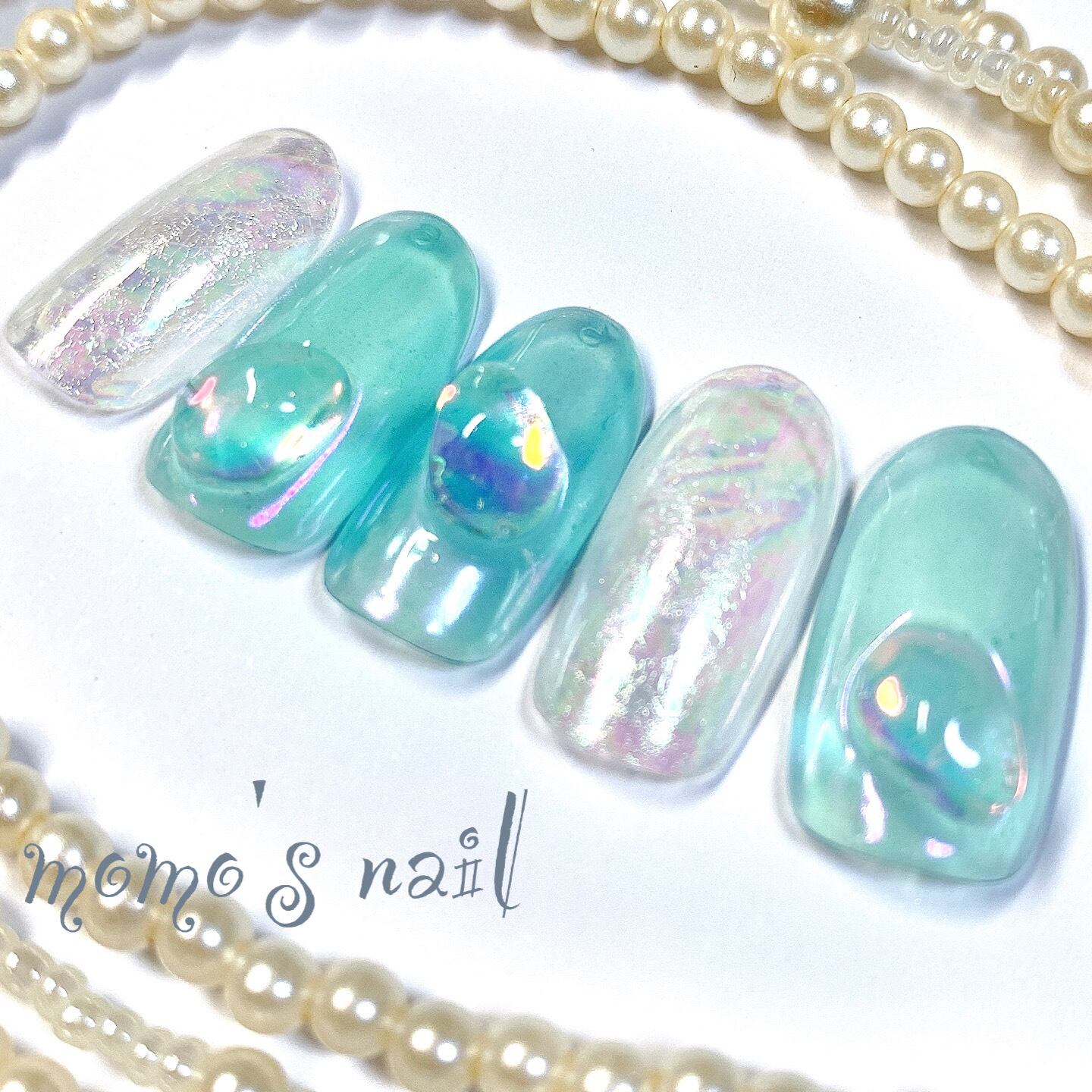 ネイルチップ クリアブルー 青 オーロラ クリアネイル 透明 結婚式 ブライダル ウエディング 上品 付け爪 つけ爪 前撮り 夏ネイル リゾート 夏休み Momo S Nail