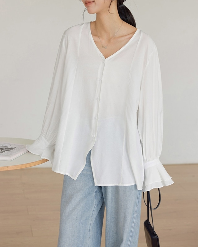 Vネックフレアスリーブシャツ 2color A1083