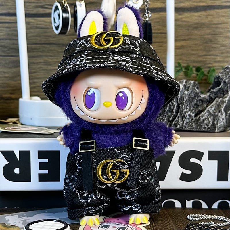 クールブラックコーデ!高級感のある柄♡ labubu ラブブ 15cm 17cm 1/2/3世代 対応 大人のかっこいいオーバーオールセット ダーク系 こだわり